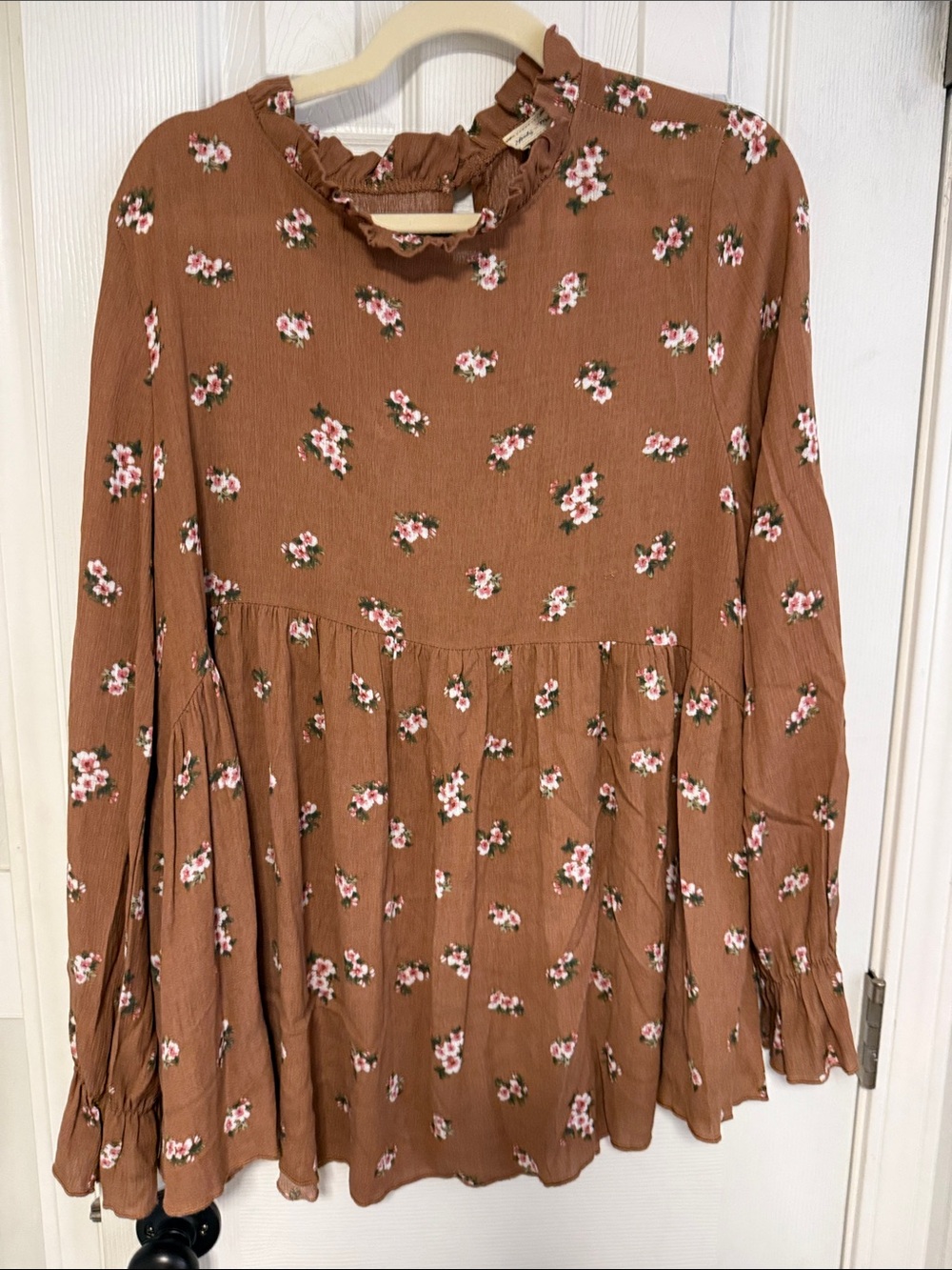 Lovely Melody Rust Brown Floral Ruffle-Neck Peplum Tunic